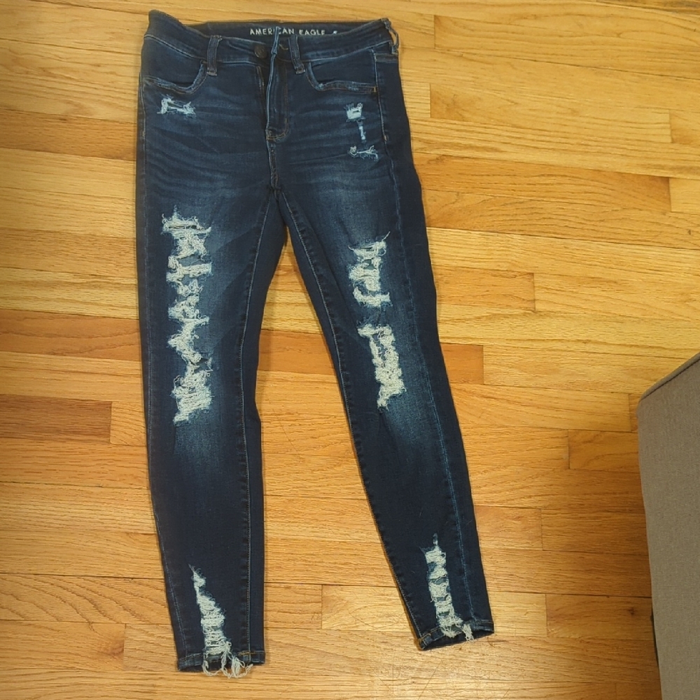 American Eagle Outfitters Women's Dark Blue Distressed Skinny Jeans